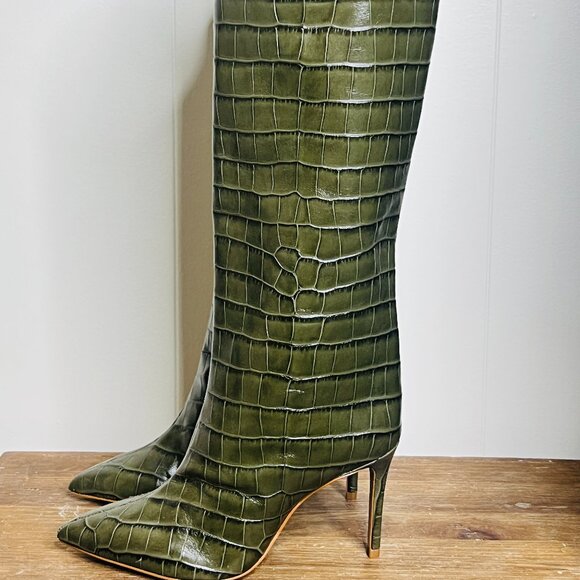 SCHUTZ Brand New Maryana Pointed Toe Boot In Military Green Womens 7.5 Crocodile - Picture 2 of 8